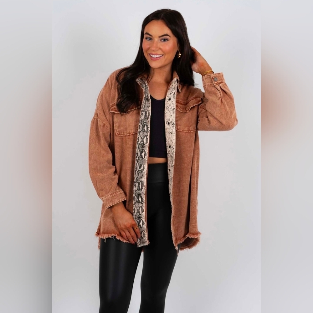 She + Sky Rustic Orange Denim Jacket with Snake Print Detail, Size Medium